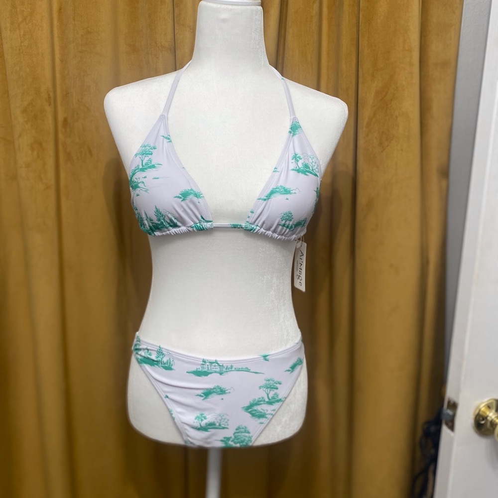 White and Green Bikini Set with matching cover up